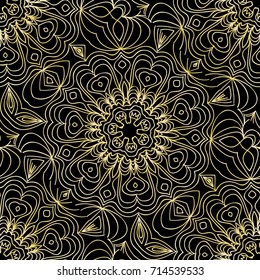 art deco lace pattern with flower. seamless vector illustration. black, gold color.