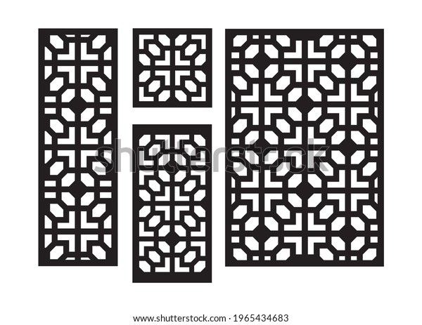 Art deco laser cut pattern.\
Decorative panel, screen,wall. Vector cnc panels set for laser\
cutting. Template for interior partition, room divider, privacy\
fence.