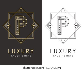 Art deco letter P logo in two color variations. Elegant style logotype design for luxury company branding.
