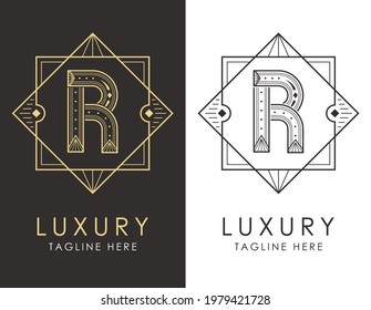 Art deco letter R logo in two color variations. Elegant style logotype design for luxury company branding.