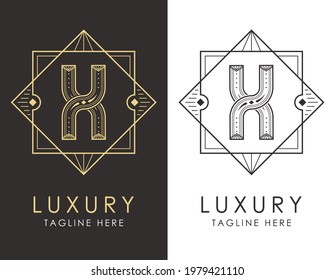 Art deco letter X logo in two color variations. Elegant style logotype design for luxury company branding.
