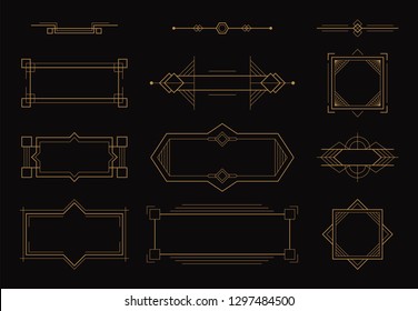 Art Deco Line Border Frame Elements. Golden Ornate Geometric Frames, Decorative Vintage Set, Antique Vector Icons Design Isolated On Dark Background.