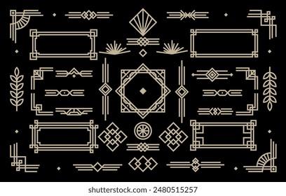 Borde de línea Art Deco. Modernos marcos de oro árabe, bordes de líneas decorativas y marco de etiqueta de oro geométrico. Victoriano vintage antiguo elegante diseño de Vector aislado iconos Elementos conjunto