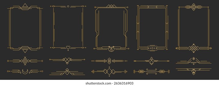 Art deco line divider frames collection - golden geometric borders with ornamental corners, vintage rectangular panels, luxury decorative elements for wedding invitations, retro certificate templates