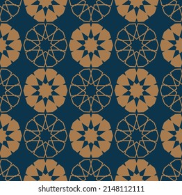 Art deco line art. Moroccan pattern in gold and blue color. Decorative seamless background.
