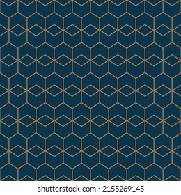 Art deco line art. Rhombus grid pattern in gold and blue color. Decorative seamless background.