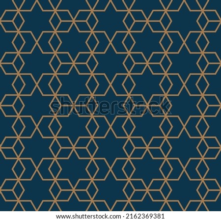 Art deco line art. Star grid pattern in gold and blue color. Decorative seamless background.