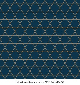 Art deco line art. Triangular grid pattern in gold and blue color. Decorative seamless background.