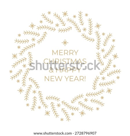 Art Deco linear Christmas wreath. Merry Christmas Happy New Year golden holiday frame card template. Luxury gold line vintage fir tree branches, stars and snowflakes design on white background.