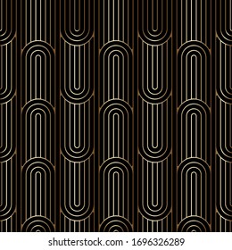 Art deco linear pattern, seamless golden background. Gold and black colors, geometric design. Vector wallpaper 920-30s motif. Luxury vintage illustration