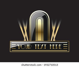 Art deco logo, in black and gold, emulating show business lights from the early years of the XX Century. Vector illustration.