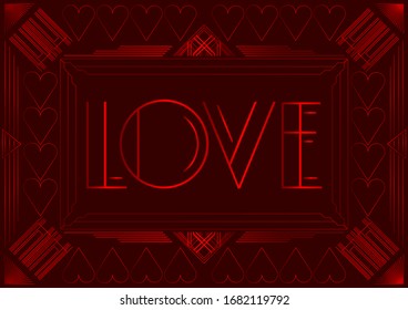 Art Deco Love text. Decorative greeting card, sign with vintage letters.