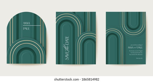 Art deco luxury card vector set. Modern minimal 3d geometric wedding invitation collection. Elegant frame template, gatsby save the date, ornament backdrop design, nouveau abstract poster