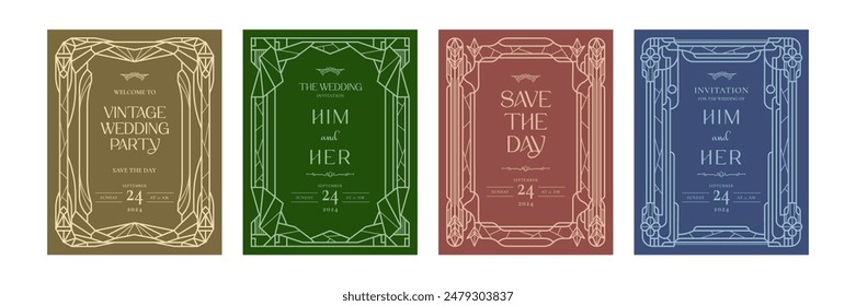 Conjunto de marcos de lujo Art Deco, conjunto de tarjetas Art Deco, marcos de Antiguas, marcos decorativos antiguos, tarjeta de lujo geométrica, tarjeta de invitación de boda, Anuncio, Ilustración vectorial de fondo de etiqueta