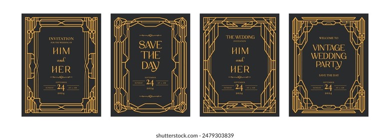 Art-Deco-Luxus-Rahmen-Set, Art-Deco-Karten-Set, Klassische Rahmen, Antike dekorative Rahmen, geometrische Luxuskarte, Hochzeitseinladungskarte, Banner, Label-Hintergrund Vektorillustration