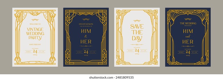 Conjunto de marcos de lujo Art Deco, conjunto de tarjetas Art Deco, marcos de Antiguas, marcos decorativos antiguos, tarjeta de lujo geométrica, tarjeta de invitación de boda, Anuncio, Vector de fondo de etiqueta