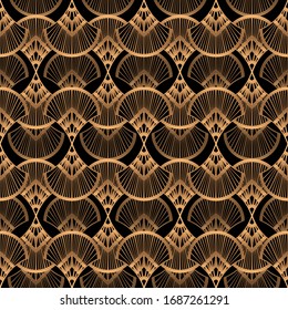 Diseño de lujo Art Déco sin fisuras. Vintage de fondo negro dorado de los años 20. Diseño de textura floral para papel pintado, papel para regalo, spa de belleza, boda, paquete, fondo.