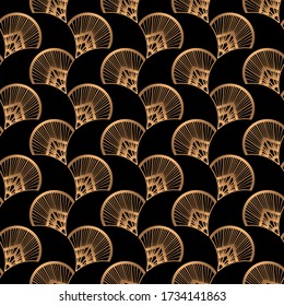 Art deco luxury pattern seamless. Vintage 1920s motif gold black background vector. Golden shell texture design for wallpaper, gift wrapping paper, beauty spa, wedding, package, backdrop.