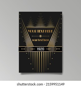 Art Deco Luxury Template Golden Black A4 Page, Menu, Card, Invitation, Sun And City Lights In An Art DecoArt Nuovo Style, Beautiful Background