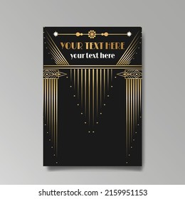 Art Deco luxury template golden black A4 page, menu, card, invitation, Sun and city lights in an Art decoArt Nuovo style, beautiful background