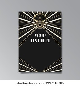 Art Deco luxury template golden black A4 page, menu, card, invitation, Sun and city lights in an Art deco Art Nuovo style, beautiful background
