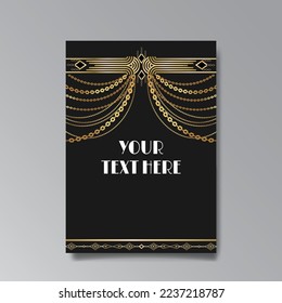 Art Deco luxury template golden black A4 page, menu, card, invitation, Sun and city lights in an Art deco Art Nuovo style, beautiful background