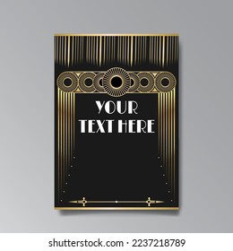 Art Deco luxury template golden black A4 page, menu, card, invitation, Sun and city lights in an Art deco Art Nuovo style, beautiful background