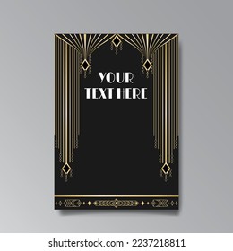 Art Deco luxury template golden black A4 page, menu, card, invitation, Sun and city lights in an Art deco Art Nuovo style, beautiful background