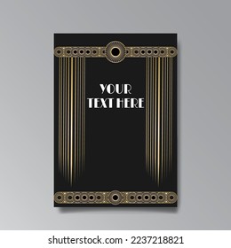 Art Deco luxury template golden black A4 page, menu, card, invitation, Sun and city lights in an Art deco Art Nuovo style, beautiful background