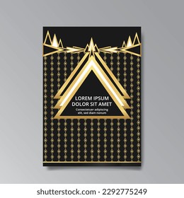 Art Deco luxury template golden black A4 page, menu, card, invitation, Sun and city lights in an Art deco Art Nuovo style, beautiful background, Retro mystic and occult flyer