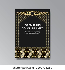 Art Deco luxury template golden black A4 page, menu, card, invitation, Sun and city lights in an Art deco Art Nuovo style, beautiful background, Retro mystic and occult flyer