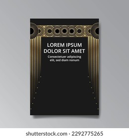 Art Deco luxury template golden black A4 page, menu, card, invitation, Sun and city lights in an Art deco Art Nuovo style, beautiful background, Retro mystic and occult flyer