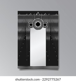 Art Deco luxury template golden black A4 page, menu, card, invitation, Sun and city lights in an Art deco Art Nuovo style, beautiful background, Retro mystic and occult flyer