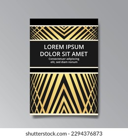 Art Deco luxury template golden black A4 page, menu, card, invitation, Sun and city lights in an Art deco Art Nuovo style, beautiful background, Retro mystic and occult flyer