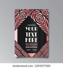 Art Deco luxury template golden black A4 page, menu, card, invitation, Sun and city lights in an Art deco Art Nuovo style, beautiful background, Retro mystic and occult flyer