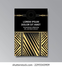 Art Deco luxury template golden black A4 page, menu, card, invitation, Sun and city lights in an Art deco Art Nuovo style, beautiful background, Retro mystic and occult flyer
