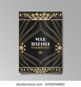 Art Deco luxury template golden black A4 page, menu, card, invitation, Sun and city lights in an Art deco Art Nuovo style, beautiful background