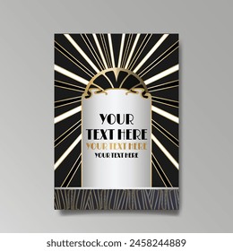Art Deco luxury template golden black A4 page, menu, card, invitation, Sun and city lights in an Art deco Art Nuovo style, beautiful background