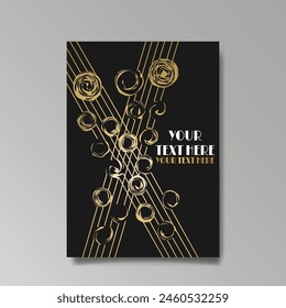 Art Deco luxury template golden black A4 page, menu, card, invitation, Sun and city lights in an Art decoArt Nuovo style, beautiful background