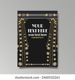 Art Deco luxury template golden black A4 page, menu, card, invitation, Sun and city lights in an Art decoArt Nuovo style, beautiful background