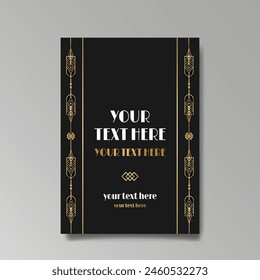 Art Deco luxury template golden black A4 page, menu, card, invitation, Sun and city lights in an Art decoArt Nuovo style, beautiful background