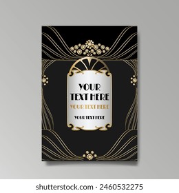 Art Deco luxury template golden black A4 page, menu, card, invitation, Sun and city lights in an Art decoArt Nuovo style, beautiful background