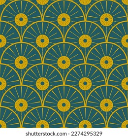  Art deco Metallic Gold Abstract sun rays seamless pattern on teal background. For wallpaper, home decor and textile.