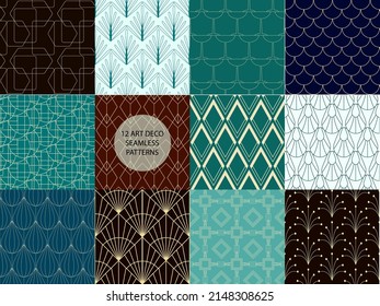 Art deco minimal seamless patterns collection. Green, black abstract shapes. Geometric line. Wallpaper design set. Editable stroke. Vector stock illustration