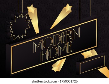 Art Deco Modern Home text. Decorative greeting card, sign with vintage letters.