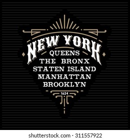 cuadro vectorial monocromo art deco, borde, etiqueta "New York, Brooklyn, Manhattan, Queens, Bronx, Staten Island" para su logo, placa, cresta o camiseta impresa con letras