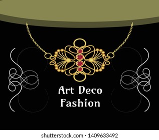 Art deco necklace with ruby pendant, isolated object on black background, art nouveau style, victorian fashion