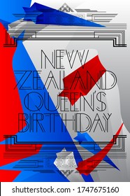 Art Deco New Zealand Queen's Birthday (June 1) text. Decorative greeting card, sign with vintage letters. svg