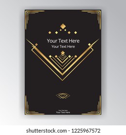 Art deco and Art nouveau style, vertical template, with sample for text. with golden triangle shape in futuristic motive. elegant design for print and web.
