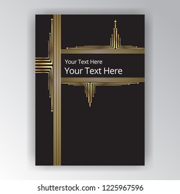 Art deco and Art nouveau style, vertical template, with rectangle shape sample for text. wtih golden arrows. elegant design for print and web.